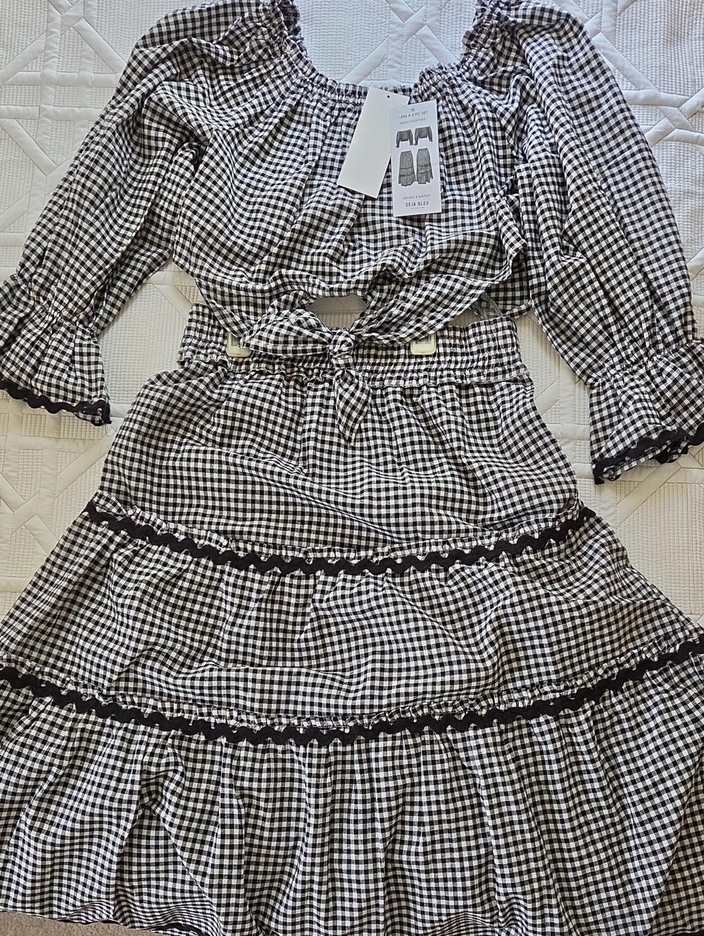 Black & White Gingham Ladies 2 Piece Blouse Top with Ruffle Skirt